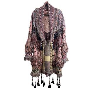 ETRO Jacquard Knitted Linen Cotton Blend Boho Fringe Tassel Cappotto Cardigan 40
